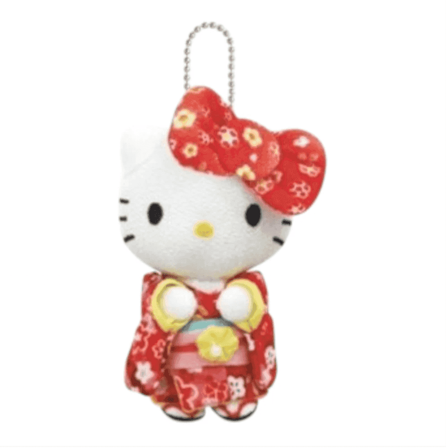 Sanrio Hello Kitty Japanese Kimono Chirimen Big Ribbon Plush Keychain Red